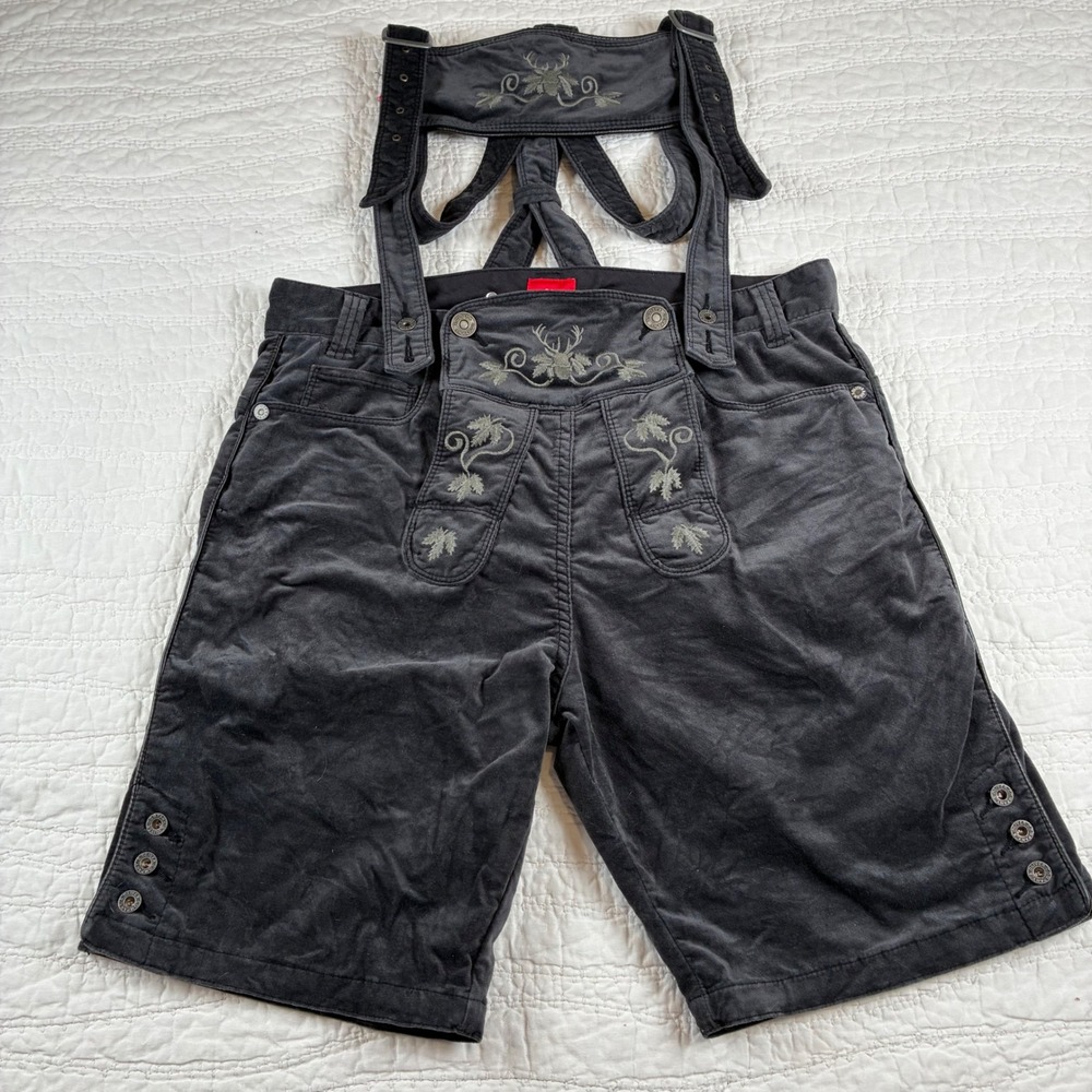 s.Oliver Mens Trachten Bermuda Lederhosen Gray Embroidered Sz 32 Oktoberfest